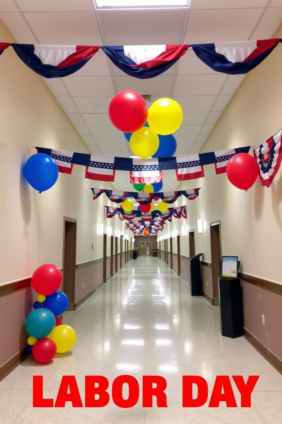 Colorful balloons are arranged in the corners of a spacious hallway, creating a festive and inviting atmosphere. The balloons are in vibrant shades of red, blue, yellow, and green, enhancing the cheerful ambiance of the space. For Labor Day, the hallway is adorned with banners and garlands made of red, white, and blue fabric. The decorations celebrate the holiday while maintaining a stylish and cohesive look throughout the area.