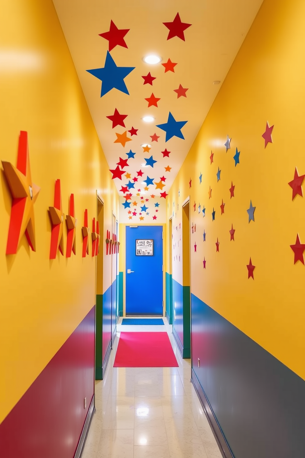 Festive wall decals of stars adorn the hallway, creating a cheerful and inviting atmosphere. The decals are arranged in a playful pattern, complementing the bright colors of the walls and enhancing the festive spirit of Labor Day.