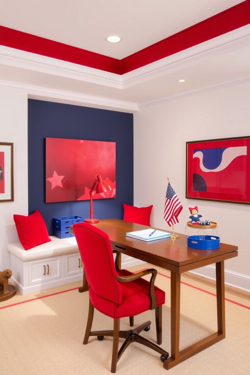 A patriotic home office featuring a red white and blue color scheme. The walls are painted in a soft white with an accent wall in deep blue, complemented by red decorative elements such as cushions and artwork. A sleek wooden desk sits in the center, adorned with a red desk lamp and a blue organizer. A comfortable chair in a bold red fabric invites productivity while a small American flag adds a festive touch to the space.