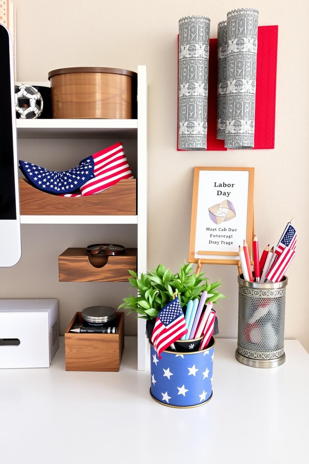 Themed desk organizers designed for functionality. Incorporate elements such as wood, metal, and vibrant colors to create an inspiring workspace. Labor Day home office decorating ideas. Use patriotic colors and themed accessories to celebrate the holiday while enhancing productivity and comfort in your office space.