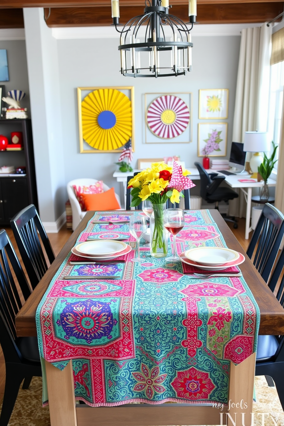 A vibrant dining table setting adorned with festive table runners in bold colors. The runners feature intricate patterns and bright hues that create a lively atmosphere for gatherings. A stylish home office designed for Labor Day celebrations. The workspace includes a modern desk, comfortable seating, and decorative elements that reflect the spirit of the holiday.