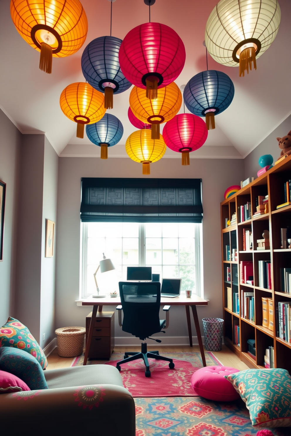 A vibrant home office setting adorned with colorful paper lanterns hanging from the ceiling. The walls are painted in a soft gray, and a sleek wooden desk is positioned in front of a large window, allowing natural light to fill the space. A comfortable ergonomic chair is paired with the desk, and a stylish bookshelf filled with books and decorative items lines one wall. Brightly colored accents, such as a patterned rug and decorative cushions, add a cheerful touch to the overall design.