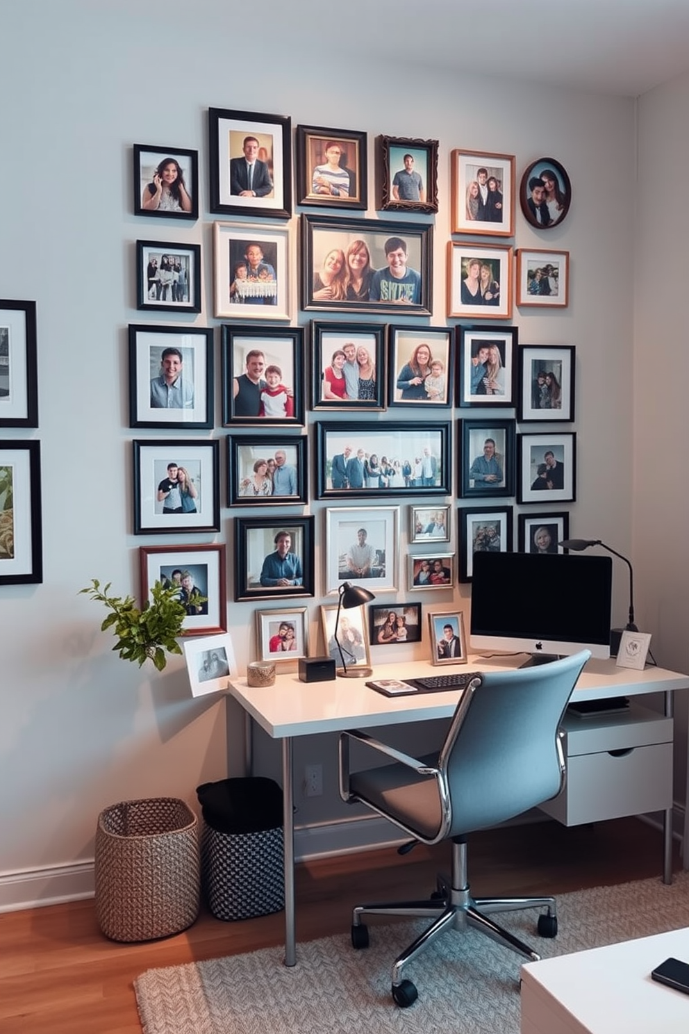 A creative photo wall showcasing past celebrations fills the room with warmth and nostalgia. Framed pictures of family gatherings, birthdays, and holidays are arranged in an artistic collage, with varying frame styles adding character to the display. The home office is designed with a blend of functionality and inspiration. A sleek desk sits against the wall, complemented by a comfortable chair and decorative elements that reflect personal achievements and memories.