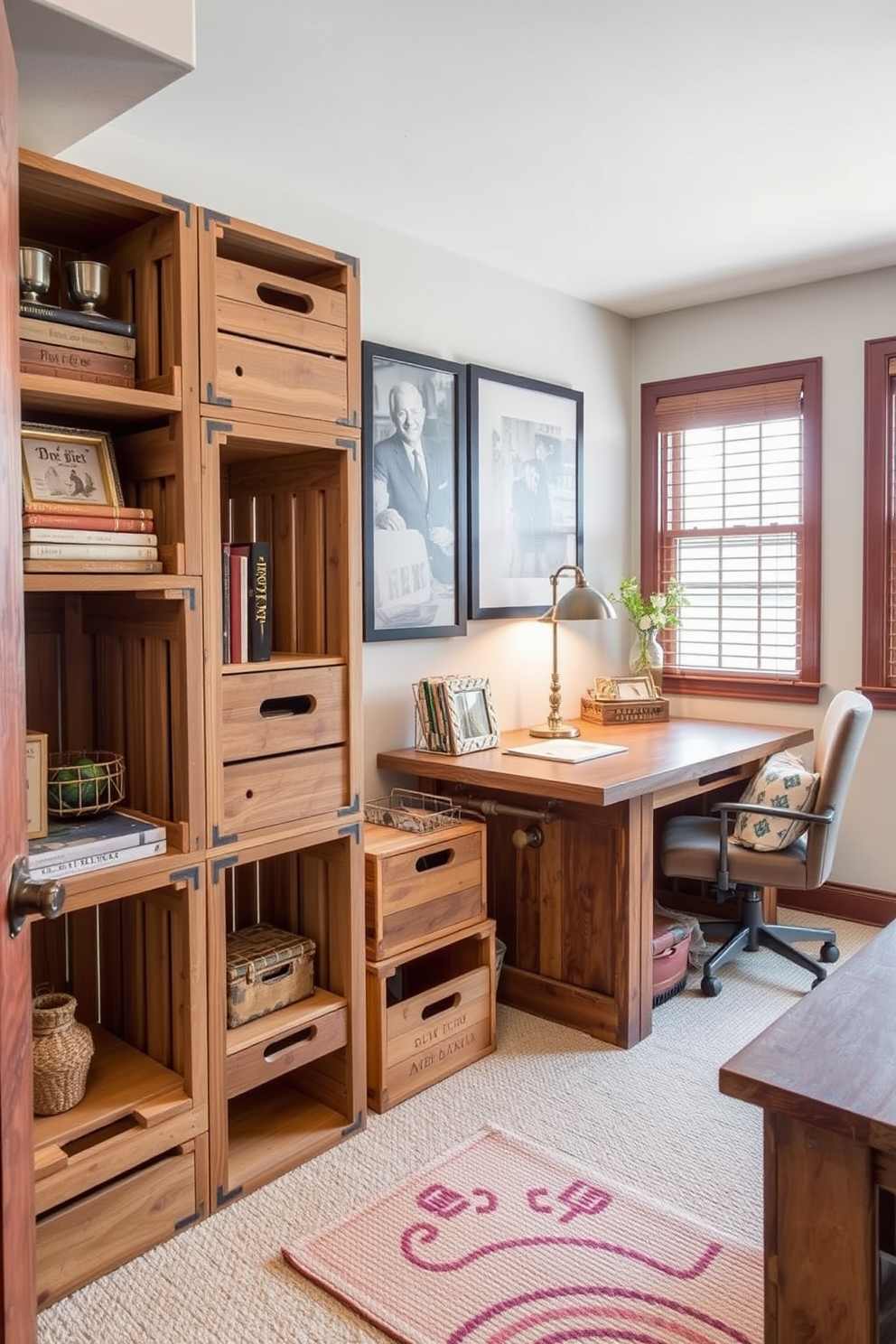 A cozy home office featuring rustic elements such as wooden crates used for storage. The room is accented with a reclaimed wood desk and a comfortable chair, creating an inviting workspace.