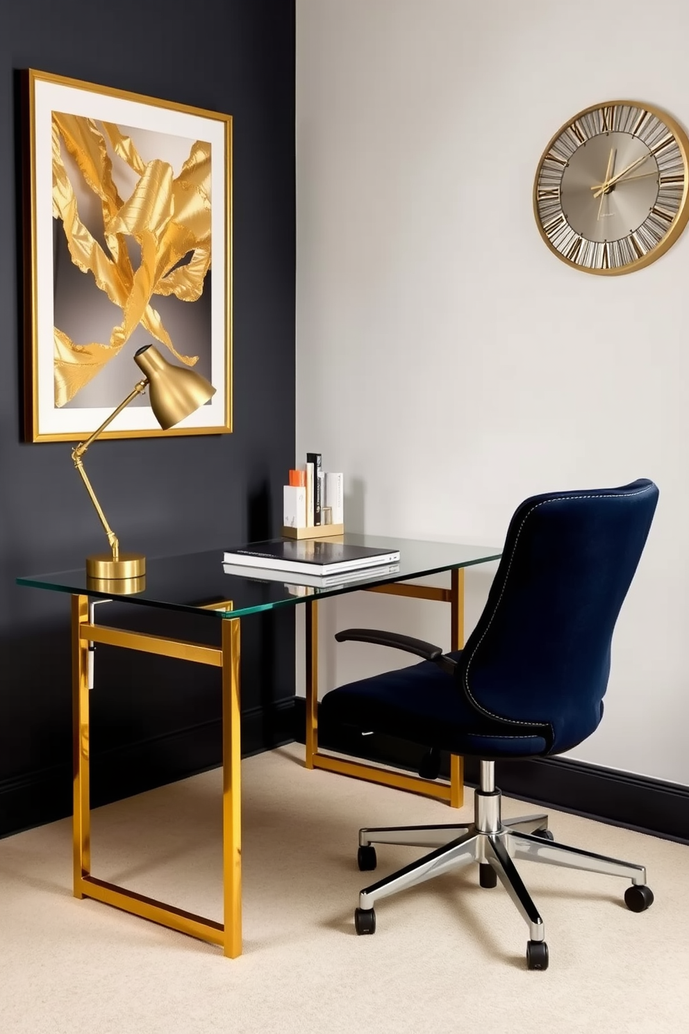 A modern home office setting that incorporates metallic accents for shine. The desk is a sleek glass design with gold legs, paired with a comfortable ergonomic chair upholstered in a rich navy fabric. On the walls, framed artwork with metallic gold and silver tones adds a touch of elegance. A stylish desk lamp with a brushed brass finish illuminates the workspace, while a decorative metallic clock hangs above the desk.