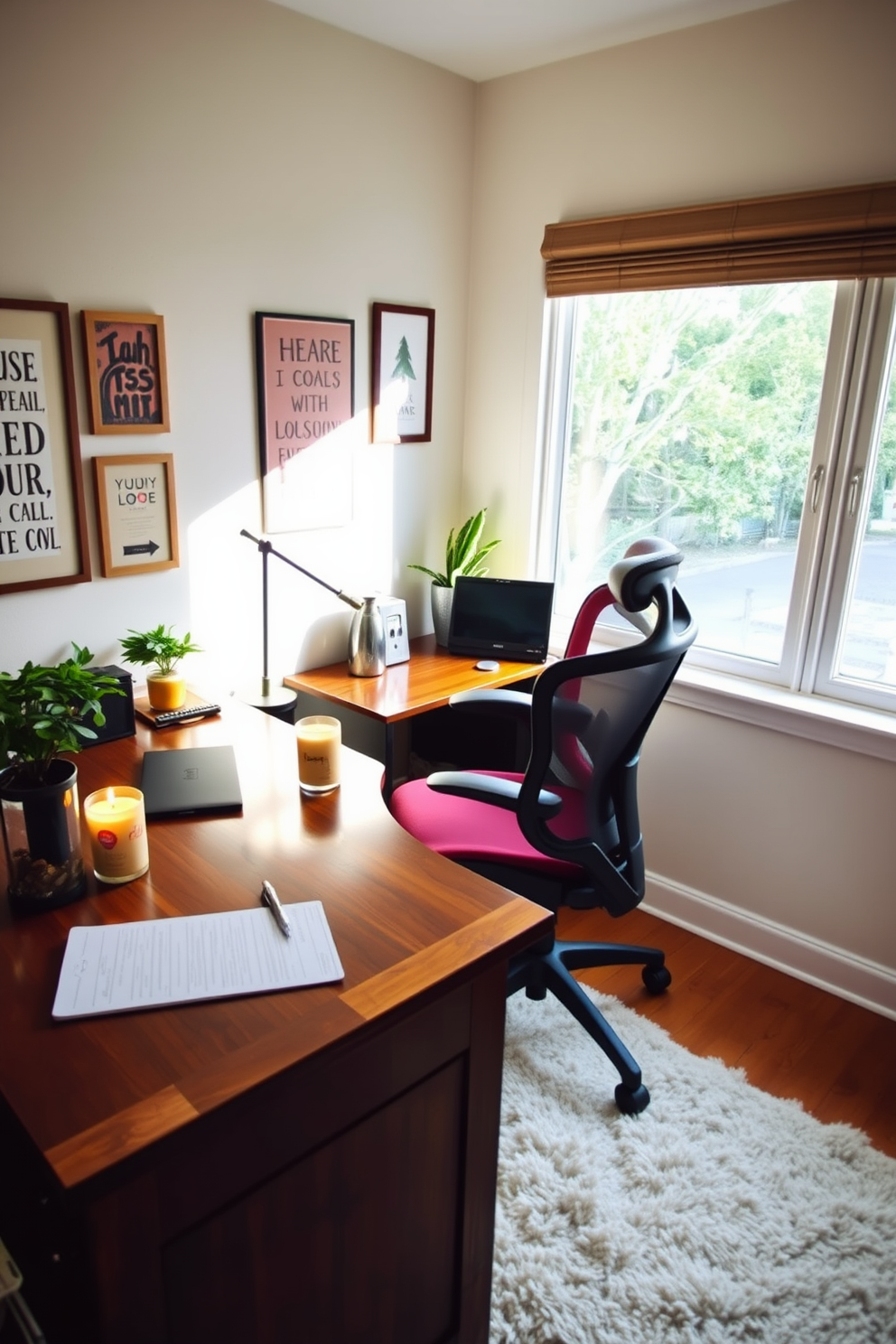 A cozy home office setting for Labor Day. The space features a sturdy wooden desk adorned with seasonal scented candles, creating a warm and inviting atmosphere. Behind the desk, a comfortable ergonomic chair is positioned next to a large window, allowing natural light to fill the room. The walls are decorated with motivational artwork, and a plush area rug adds a touch of comfort underfoot.