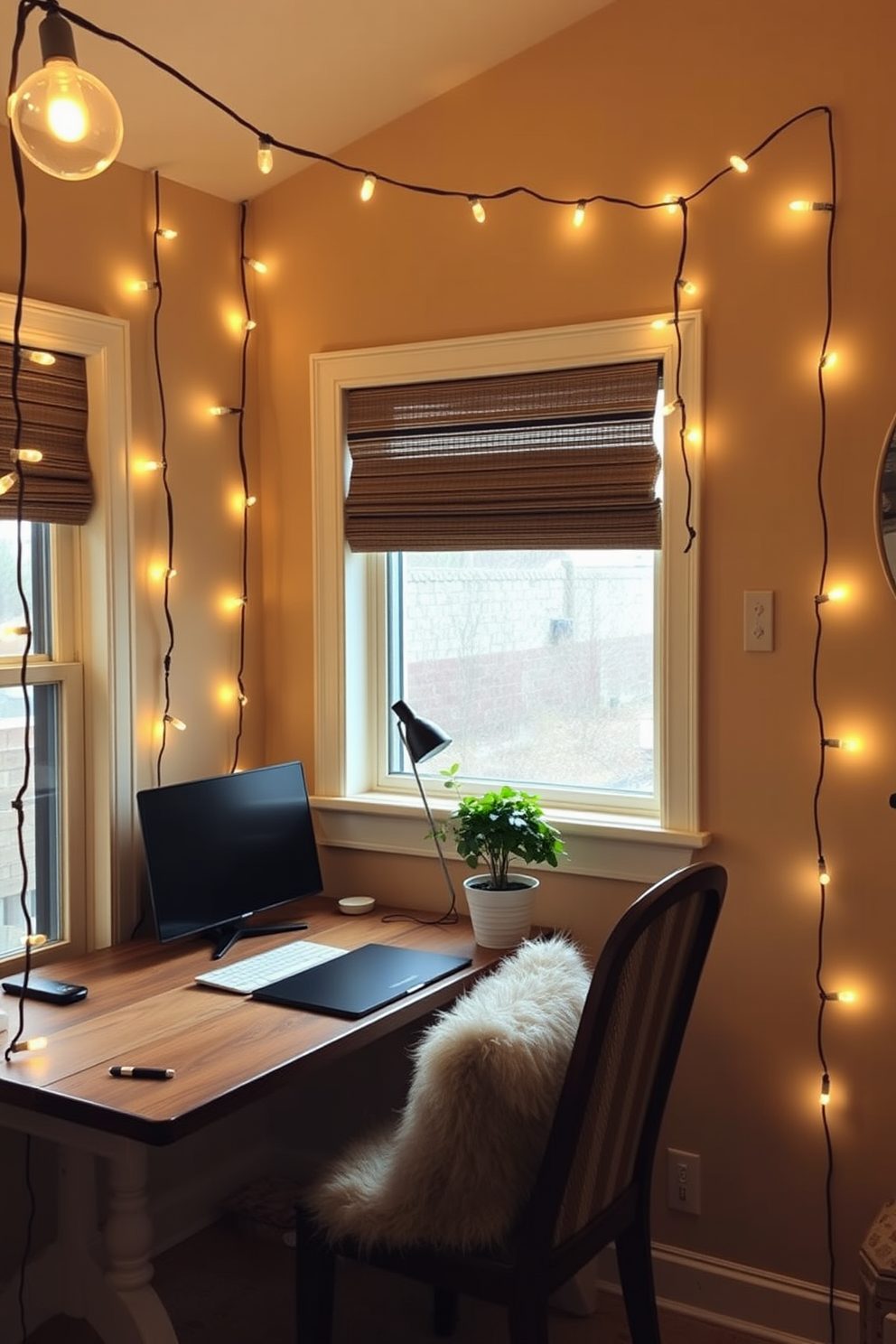 Create a cozy home office setting adorned with string lights that softly illuminate the space. The walls are painted in a warm beige tone, and a rustic wooden desk is positioned against a window, allowing natural light to filter in. Incorporate a comfortable chair with a plush cushion, inviting you to spend hours working. A potted plant sits on the desk, adding a touch of greenery to the inviting atmosphere.