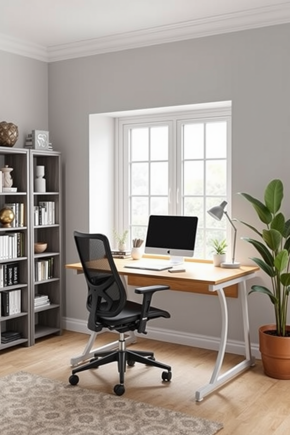 A versatile home office setting featuring a foldable desk that can be easily stored away when not in use. The desk is paired with a comfortable ergonomic chair and is positioned near a large window, allowing natural light to illuminate the workspace. The walls are painted in a soft gray hue, creating a calming atmosphere. A stylish bookshelf filled with books and decorative items stands against one wall, while a potted plant adds a touch of greenery to the space.