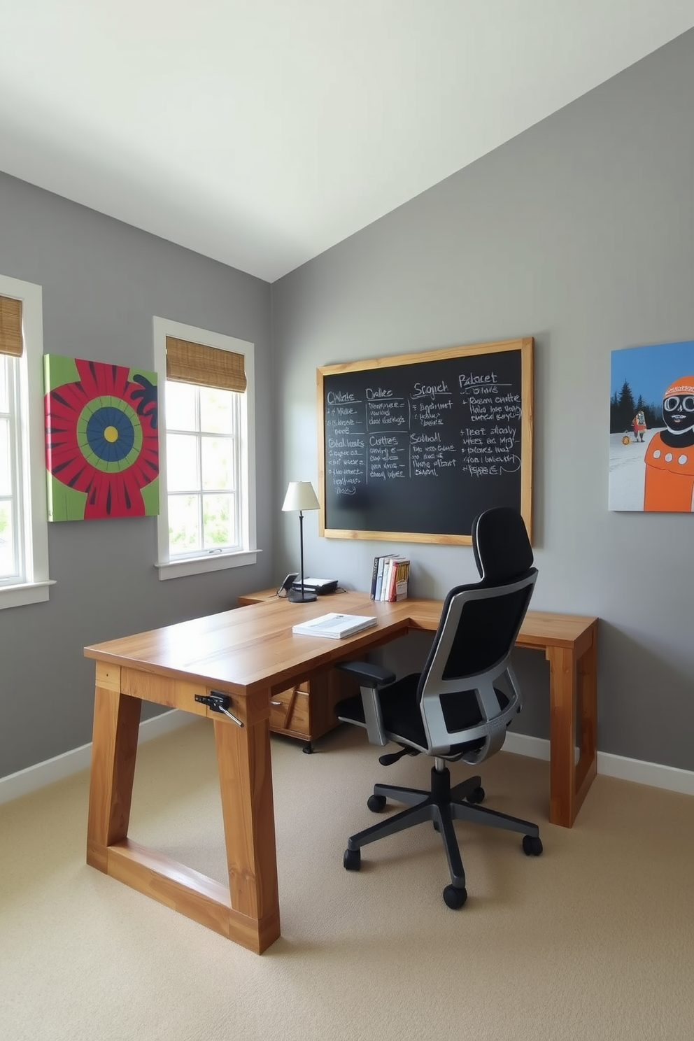 A stylish home office featuring a large chalkboard mounted on the wall for notes and reminders. The desk is made of reclaimed wood and is paired with a comfortable ergonomic chair, creating a productive workspace. The walls are painted in a soft gray tone, complemented by vibrant artwork that adds personality to the room. Natural light floods in through large windows, illuminating the space and enhancing the inviting atmosphere.