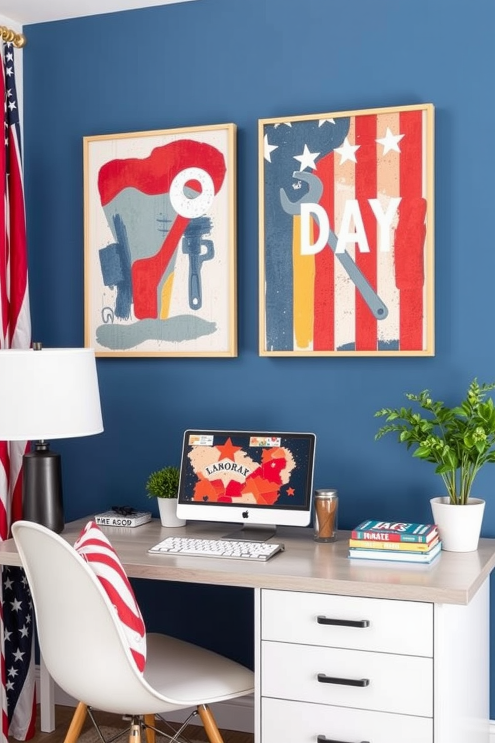 Labor Day themed wall art prints featuring vibrant colors and abstract designs that celebrate the spirit of the holiday. Incorporate elements like tools, stars, and stripes to create a festive atmosphere in any room. Labor Day home office decorating ideas that blend comfort and style for a productive workspace. Use patriotic colors and themed decor to inspire creativity while honoring the significance of the holiday.