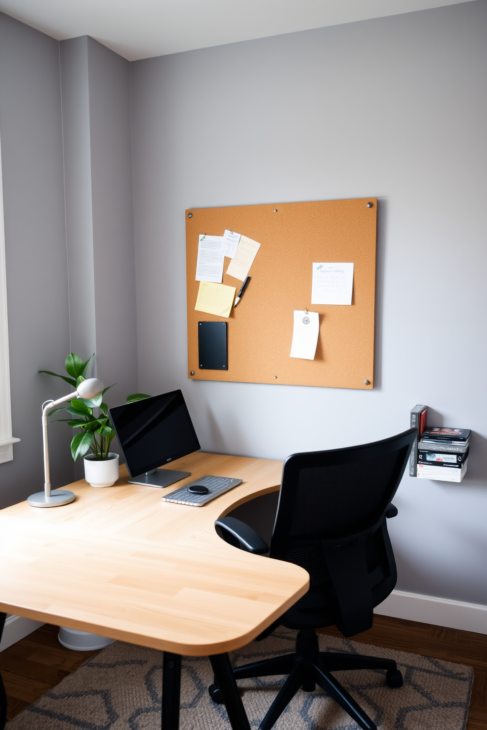 A cozy home office space designed for productivity and inspiration. The walls are painted in a soft gray color, and a large bulletin board is mounted above a sleek wooden desk for reminders and notes. The desk features a comfortable ergonomic chair and is adorned with stylish stationery. A potted plant sits in the corner, adding a touch of greenery to the inviting atmosphere.