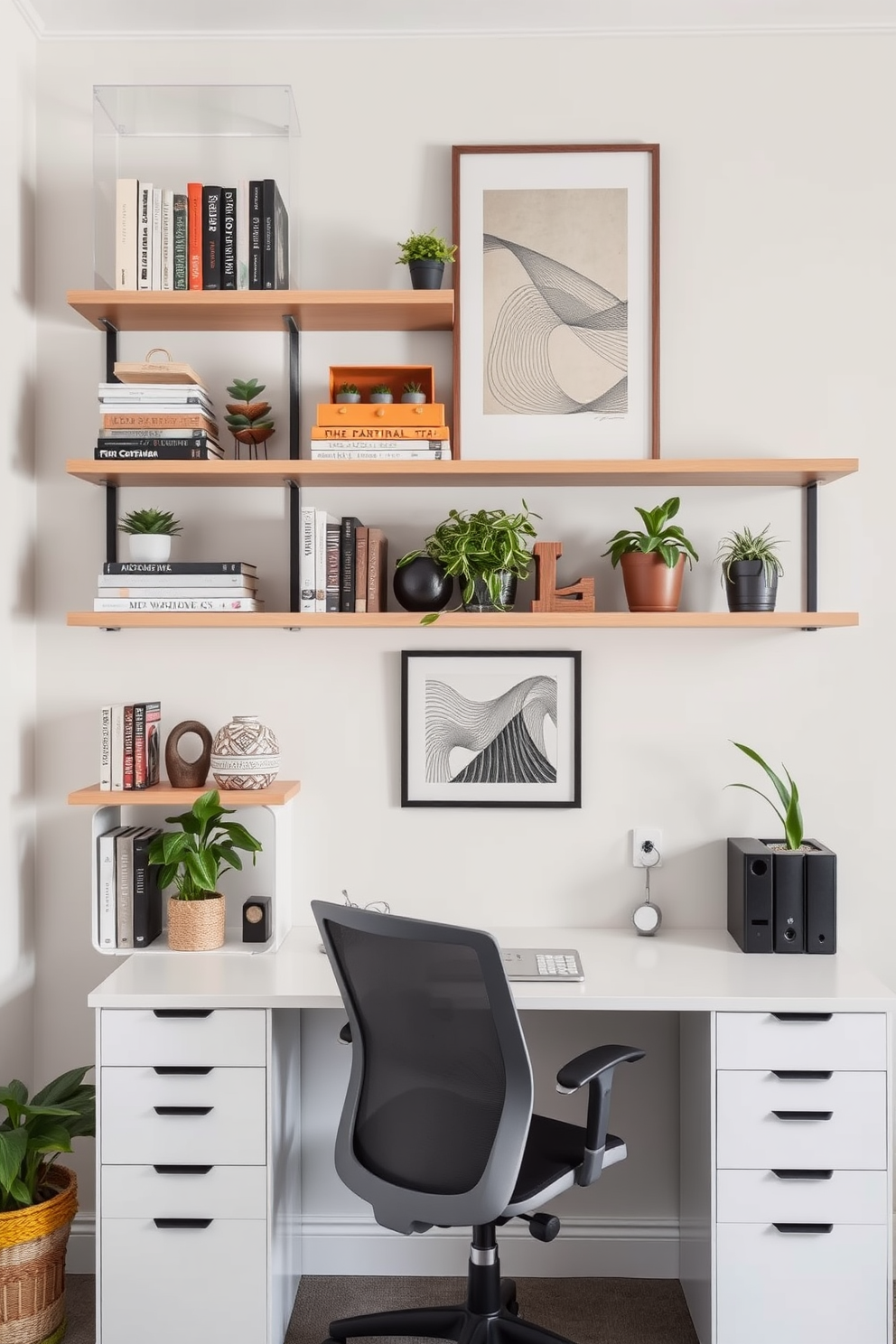 A stylish home office featuring vertical shelves that maximize space efficiency. The shelves are filled with neatly organized books, decorative boxes, and a few potted plants to bring in a touch of greenery. A modern desk sits beneath the shelves, complemented by a comfortable ergonomic chair. The walls are painted in a soft neutral tone, and a statement artwork hangs above the desk, adding personality to the space.