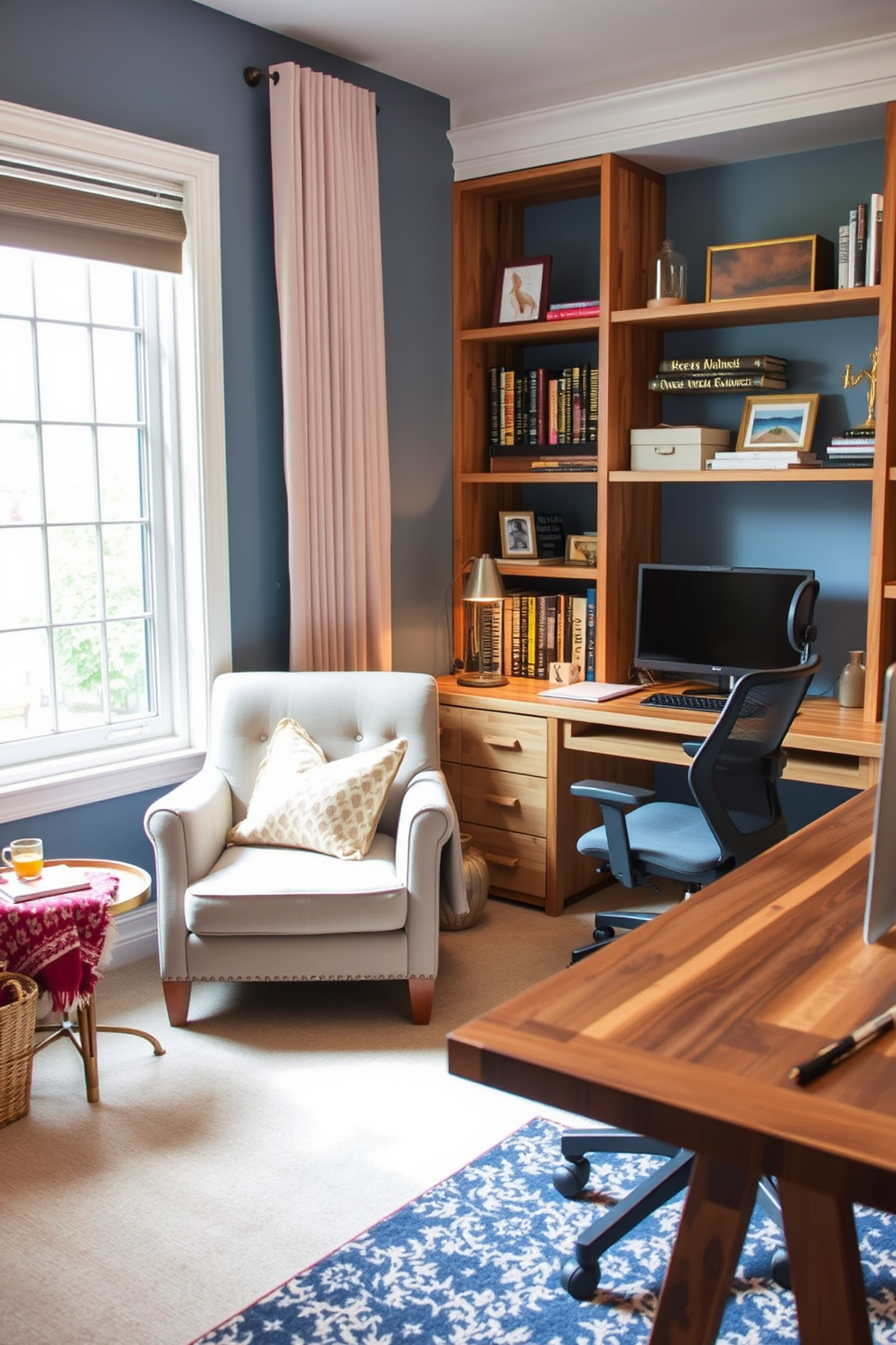 A cozy reading nook is nestled by a large window, featuring a plush armchair upholstered in soft fabric and a small side table for holding books and a cup of tea. The nook is adorned with a colorful throw blanket and a few decorative cushions, creating an inviting atmosphere filled with natural light. For a stylish home office, a sleek desk made of reclaimed wood is paired with an ergonomic chair, enhancing both comfort and aesthetics. The walls are painted in a calming blue hue, and shelves filled with books and personal mementos add character to the space while maintaining a professional look.