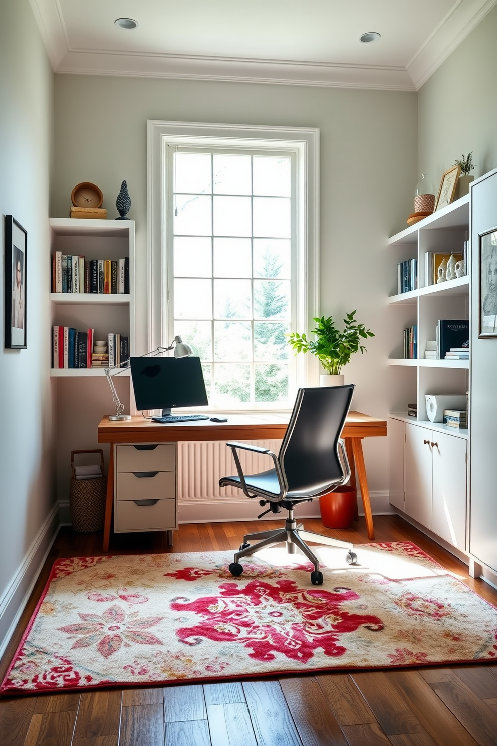 A bright and inviting home office setting featuring a large window that allows natural light to flood the space. The floor is adorned with a soft, colorful area rug that adds warmth and comfort to the room. A sleek wooden desk is positioned against the wall, complemented by an ergonomic chair that promotes productivity. Shelves filled with books and decorative items create an organized and inspiring atmosphere.