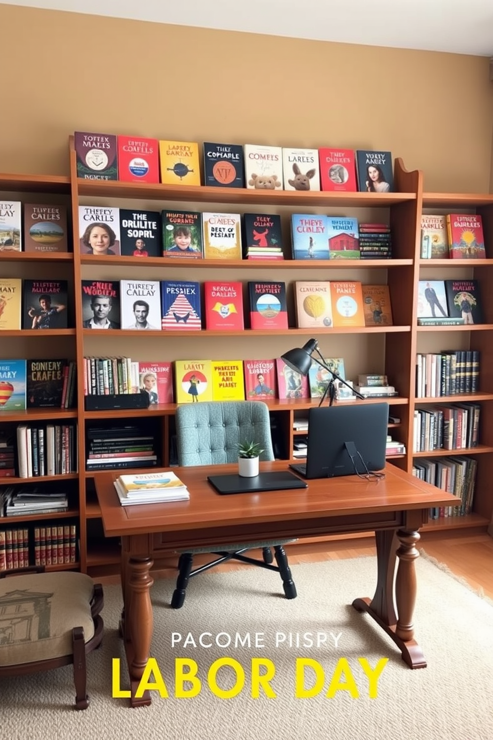 A cozy home office setting designed for Labor Day. The shelves are filled with seasonal books, showcasing vibrant covers that reflect the spirit of the holiday. A large wooden desk sits in the center, adorned with a stylish lamp and a small potted plant. The walls are painted in a warm beige tone, creating a welcoming atmosphere for productivity and relaxation.