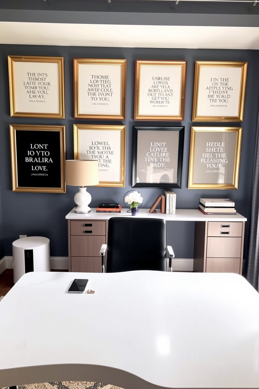 A stylish home office decorated for Labor Day. The walls are adorned with motivational quotes in elegant frames, creating an inspiring atmosphere while a sleek desk sits against the window, providing ample natural light.