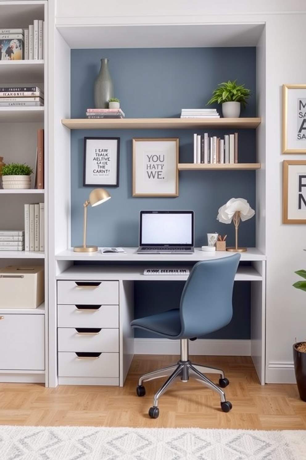 Create a stylish home office that maximizes space with innovative storage solutions. Incorporate floating shelves and a sleek desk with built-in drawers to maintain a clean and organized environment. Choose a calming color palette with soft blues and whites to inspire productivity. Add personal touches like framed art and plants to create a welcoming and motivating workspace.