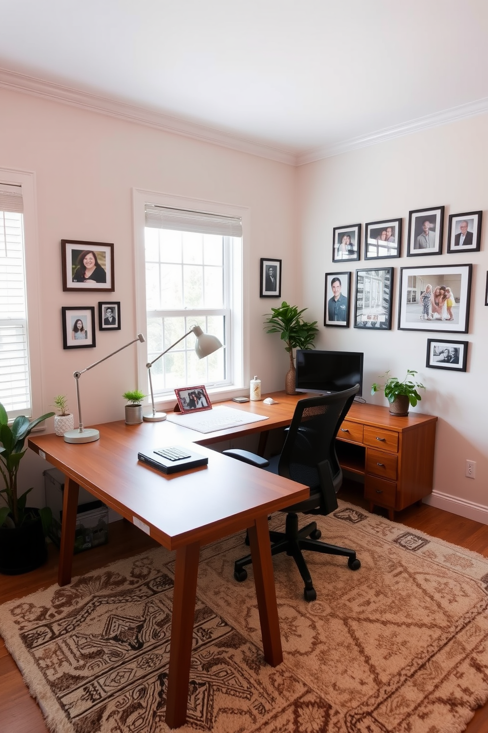 A cozy home office space designed for productivity and comfort. The room features a large wooden desk positioned by a window, with a comfortable ergonomic chair and a stylish desk lamp illuminating the workspace. On the walls, a gallery of framed family photos adds a personal touch, creating a warm and inviting atmosphere. Soft, neutral colors dominate the decor, complemented by a plush area rug and some indoor plants to enhance the overall ambiance.