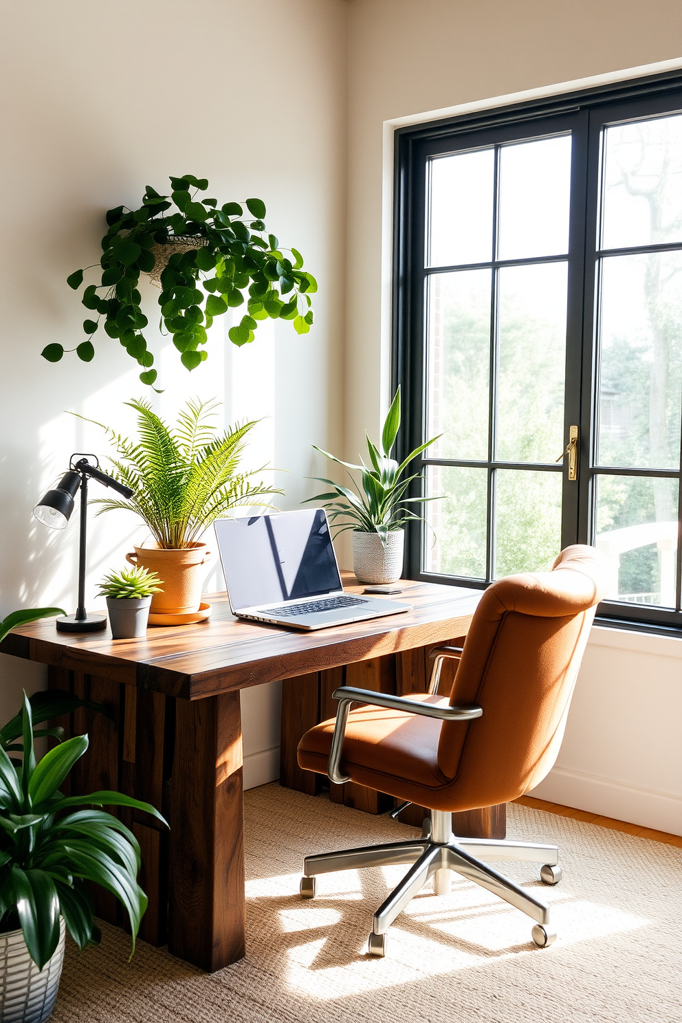 A serene home office space that incorporates natural elements like plants. The desk is made of reclaimed wood and is adorned with a lush potted fern and a small succulent. Soft natural light floods the room through large windows, illuminating the space with a warm glow. A comfortable chair upholstered in earthy tones complements the greenery, creating a tranquil work environment.