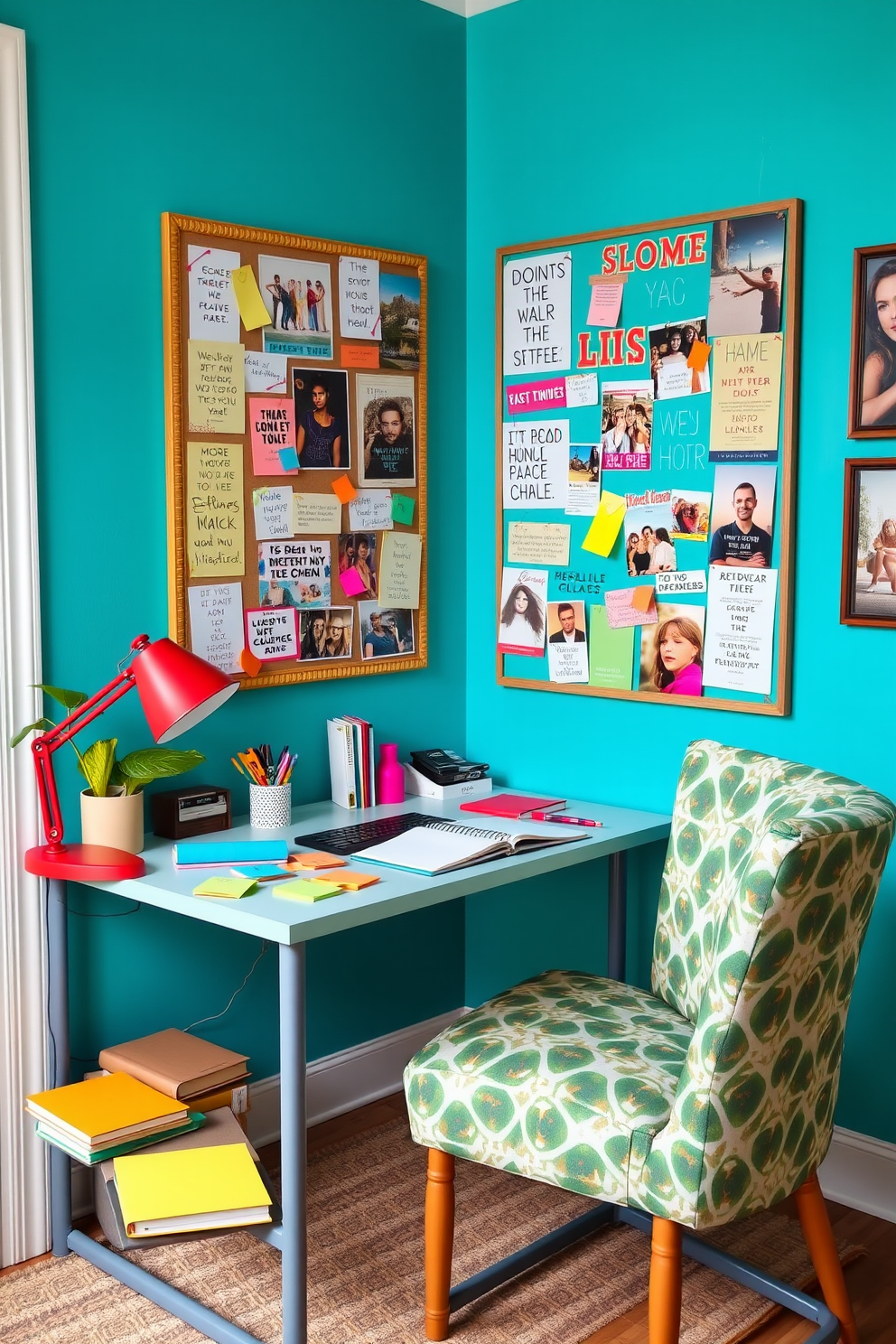 A vibrant home office setting that inspires creativity and productivity. The desk is adorned with colorful stationery, including bright notebooks, pens, and sticky notes in various hues. The walls are painted in a lively shade of turquoise, complemented by a large bulletin board filled with inspirational quotes and images. A cozy chair in a bold pattern sits beside the desk, and a potted plant adds a touch of greenery to the space.