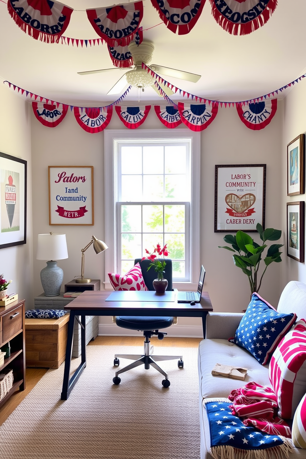 A vibrant home office decorated for Labor Day features decorative banners in red, white, and blue hanging from the ceiling. The walls are adorned with framed artwork celebrating labor and community, creating an inspiring and festive atmosphere. A sleek wooden desk is positioned in front of a large window, allowing natural light to illuminate the workspace. Colorful cushions on the office chair and a patriotic throw blanket on a nearby sofa add to the celebratory decor.