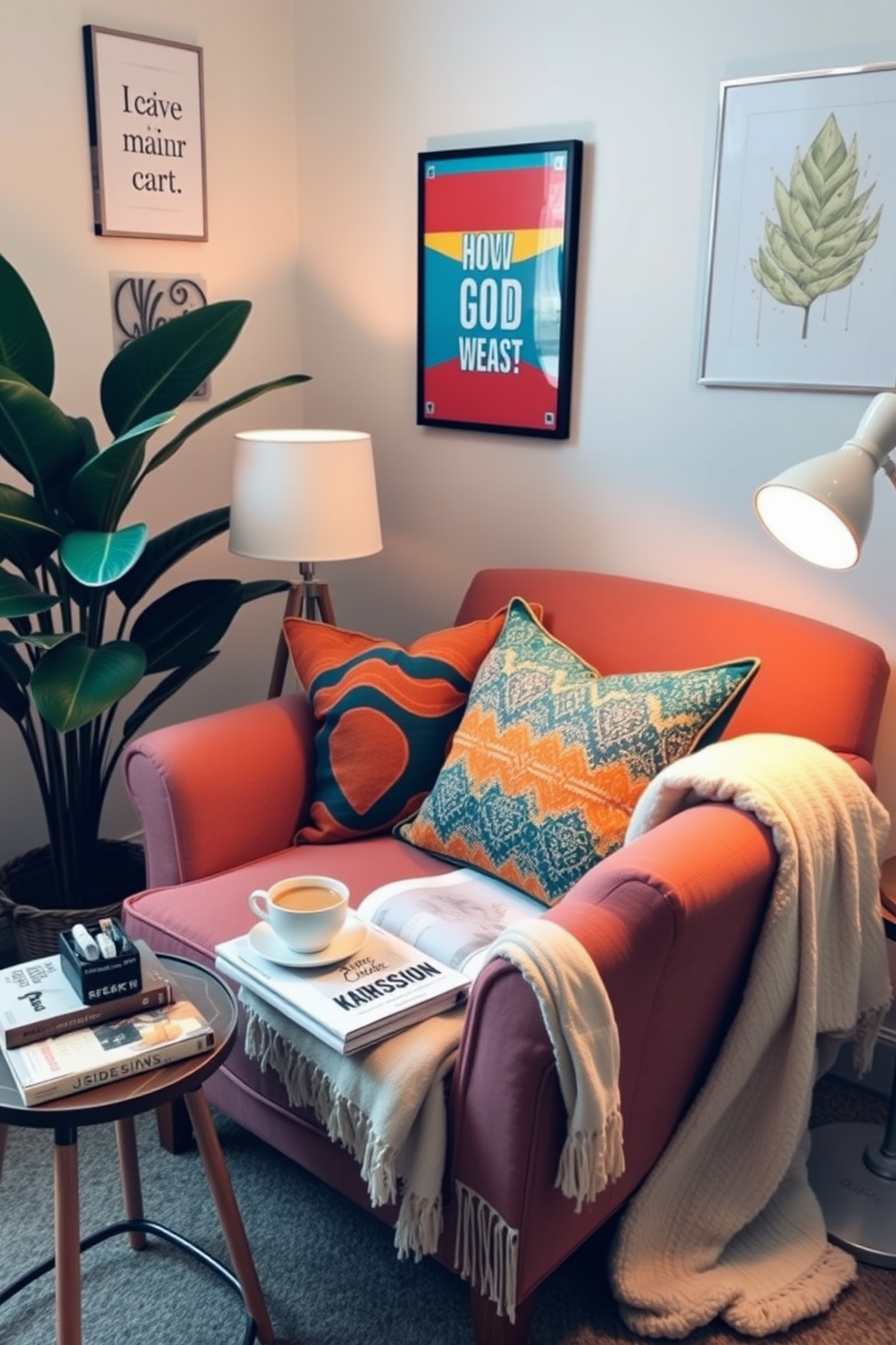 Create a cozy corner with an assortment of colorful cushions arranged on a plush armchair. A small side table holds a steaming cup of coffee and a stack of design books, while a soft throw blanket drapes over the arm of the chair. Incorporate a stylish desk with a sleek laptop and a decorative lamp that casts a warm glow. The walls are adorned with inspirational art pieces, and a lush indoor plant adds a touch of greenery to the space.