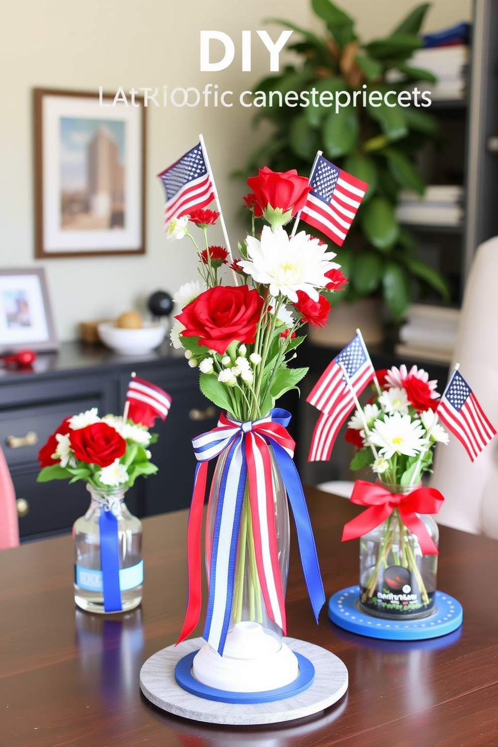 A collection of DIY patriotic centerpieces designed for desks. Each centerpiece features red white and blue elements such as flowers ribbons and small flags to celebrate Labor Day. The home office is decorated with a blend of functional and festive decor. Incorporate stars and stripes accents along with comfortable workspace solutions to create an inspiring atmosphere.