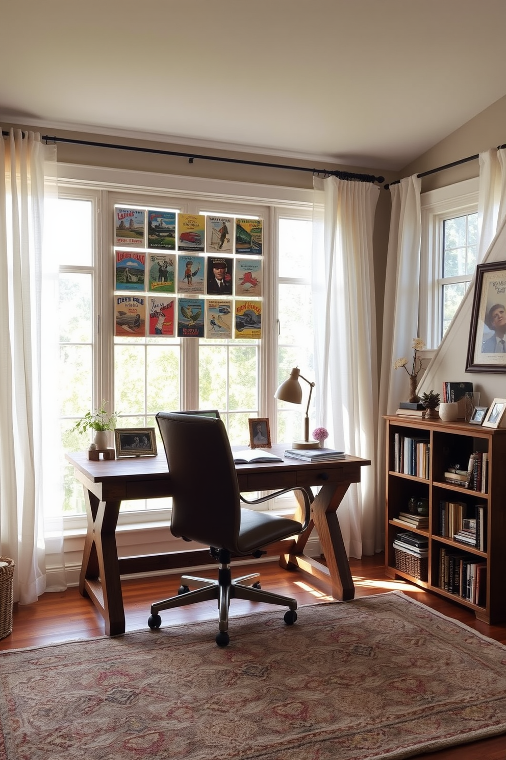 A cozy home office featuring vintage Labor Day postcards displayed in a creative gallery wall arrangement. The desk is made of reclaimed wood and is paired with a classic leather chair, creating a warm and inviting workspace. Natural light floods the room through large windows adorned with sheer white curtains, enhancing the nostalgic atmosphere. A plush area rug in muted colors anchors the space, while a small bookshelf holds an assortment of books and decorative items celebrating the Labor Day theme.