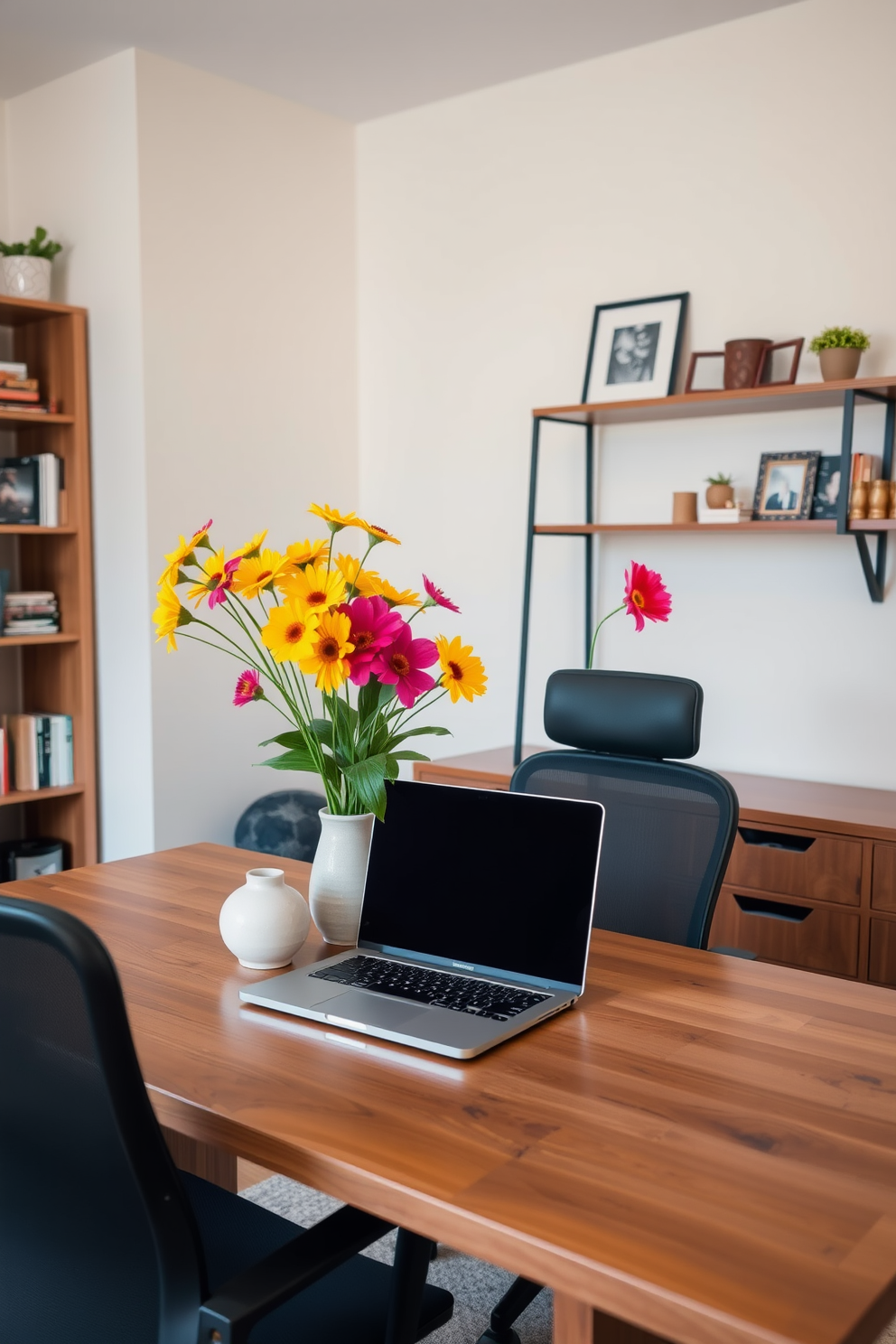 A cozy home office space featuring a large wooden desk with a sleek laptop and a comfortable ergonomic chair. Bright seasonal flowers in vibrant arrangements are placed in a ceramic vase on the desk, adding a touch of color and life to the workspace. The walls are painted in a soft neutral tone, creating a calming atmosphere for productivity. A stylish bookshelf filled with decorative items and books is positioned against one wall, complementing the overall design of the room.