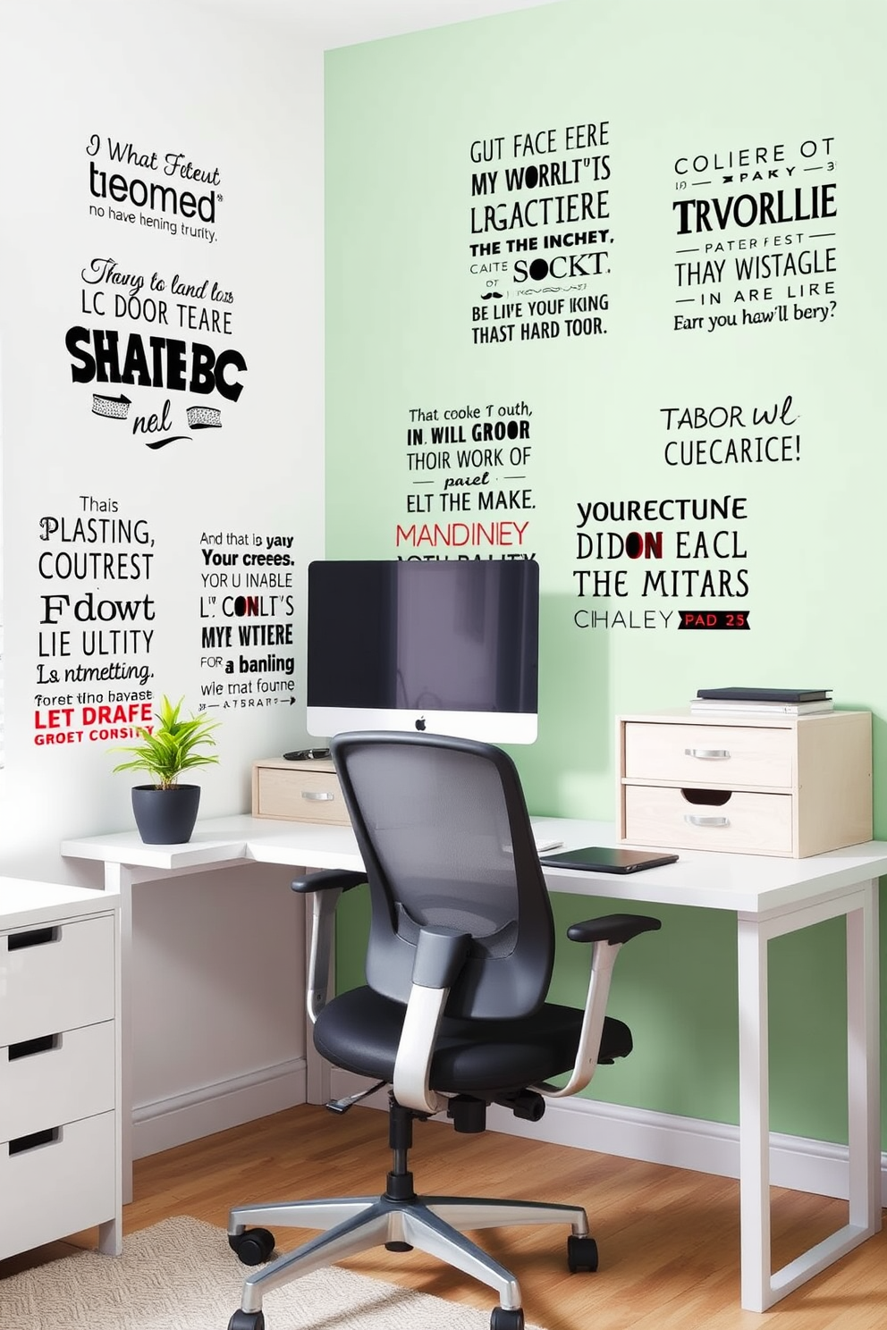 A vibrant home office space decorated with Labor Day quote wall decals. The walls are adorned with inspiring quotes about hard work and dedication, creating a motivating atmosphere. The desk features a sleek design with a comfortable ergonomic chair. A small potted plant sits on the corner of the desk, adding a touch of greenery to the workspace.