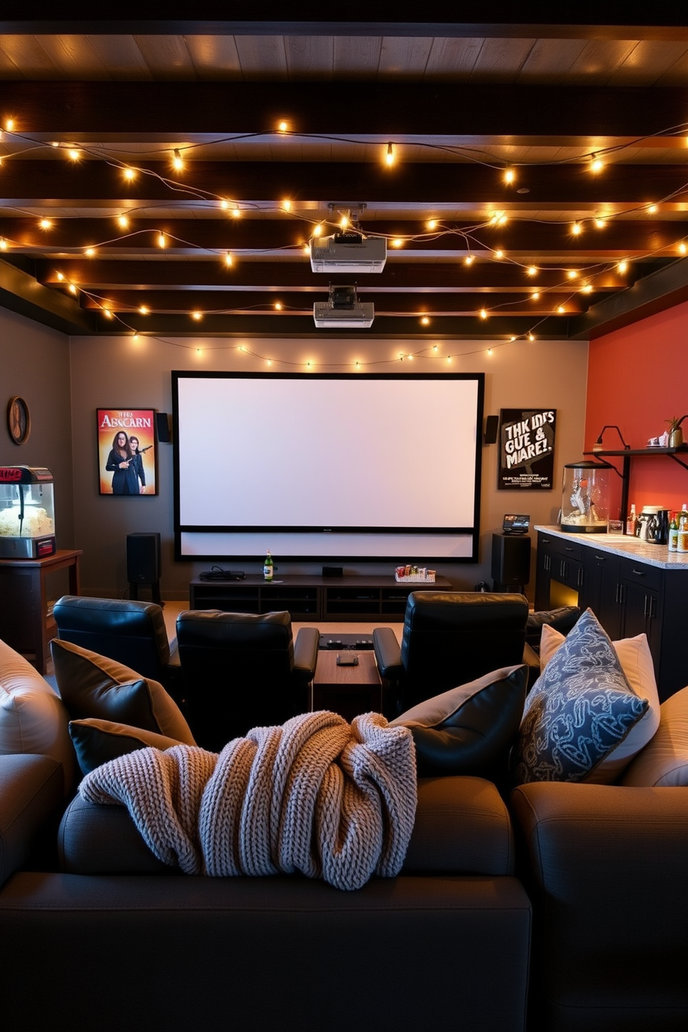 Cozy movie night with string lights. The room features a large sectional sofa adorned with soft throw pillows and a plush blanket, creating an inviting atmosphere. In the background, warm string lights are draped across the ceiling, casting a gentle glow. A large screen is set up for movie viewing, surrounded by decorative film posters and a popcorn machine for the perfect cinematic experience. Labor Day Home Theater Decorating Ideas. The space is designed with a modern aesthetic, incorporating dark wood accents and comfortable recliners for ultimate relaxation. Accent walls in rich colors complement the decor, while a stylish bar area stocked with snacks and beverages adds a festive touch for gatherings with friends and family.