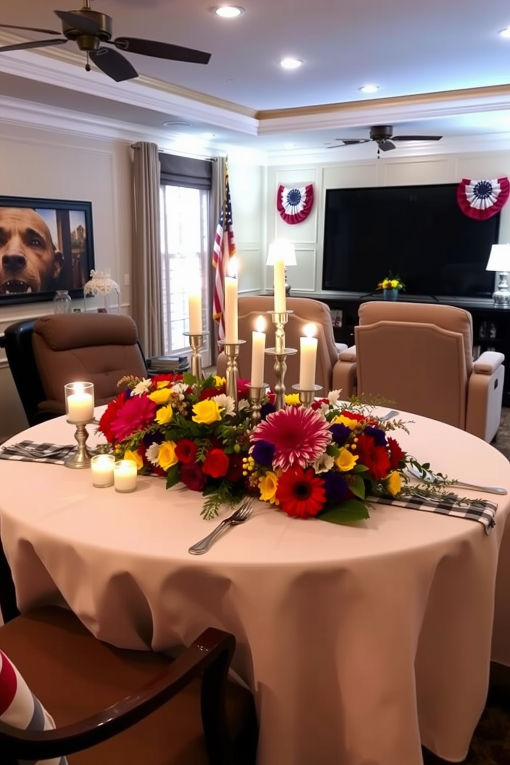 Themed table settings with candles. A beautifully arranged table features a crisp white tablecloth adorned with vibrant seasonal flowers and elegant candle holders. Labor Day Home Theater Decorating Ideas. The home theater is designed with comfortable reclining seats and a large screen, accented by soft lighting and patriotic decorations for a festive atmosphere.