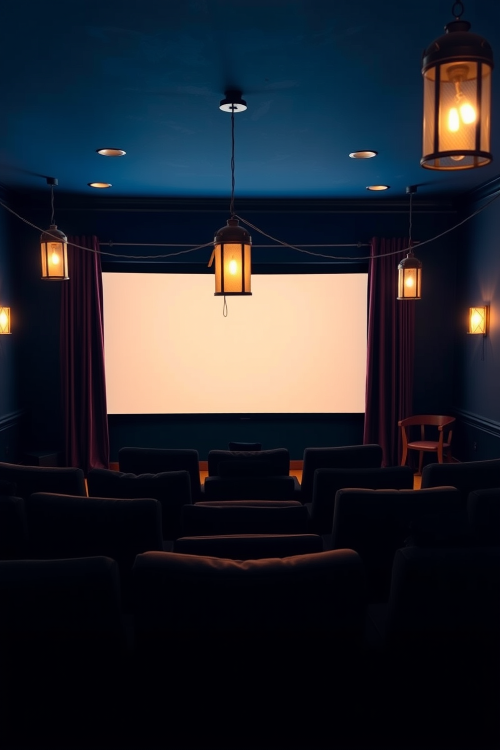 A cozy home theater setting with comfortable seating arranged for optimal viewing. Soft lighting is provided by hanging lanterns that create an inviting ambiance throughout the space. The walls are painted in a deep navy blue, enhancing the cinematic experience. Plush, dark-colored curtains frame the windows, and a large screen is mounted on the opposite wall for movie nights.