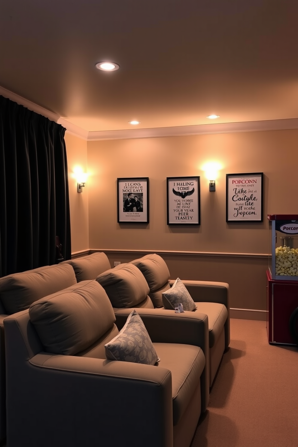 A cozy home theater with framed movie quotes elegantly displayed on the walls. The seating is plush and arranged for optimal viewing, creating an inviting atmosphere for movie nights. Soft ambient lighting enhances the cinematic experience, while dark curtains block out external light. A popcorn machine sits in the corner, adding a touch of nostalgia and fun to the space.