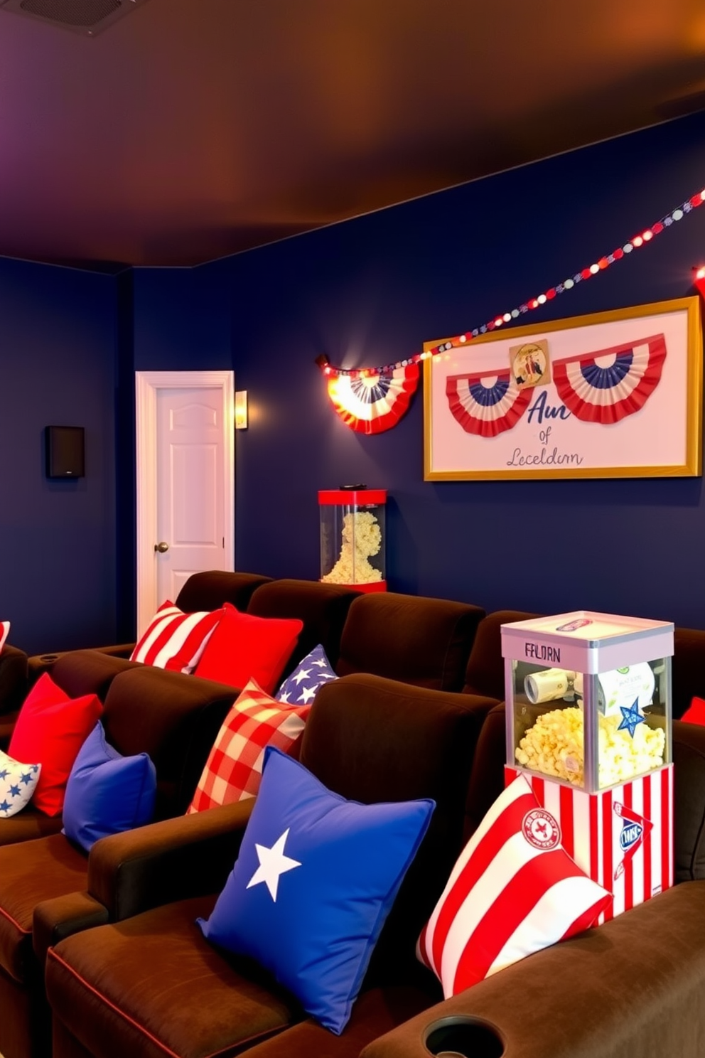 A cozy home theater setup featuring plush seating adorned with colorful cushions for added comfort. The walls are painted in a deep navy blue, and ambient lighting creates a warm and inviting atmosphere. Incorporate festive Labor Day decorations such as red, white, and blue accents throughout the space. A popcorn machine sits in the corner, adding a fun touch to movie nights with family and friends.