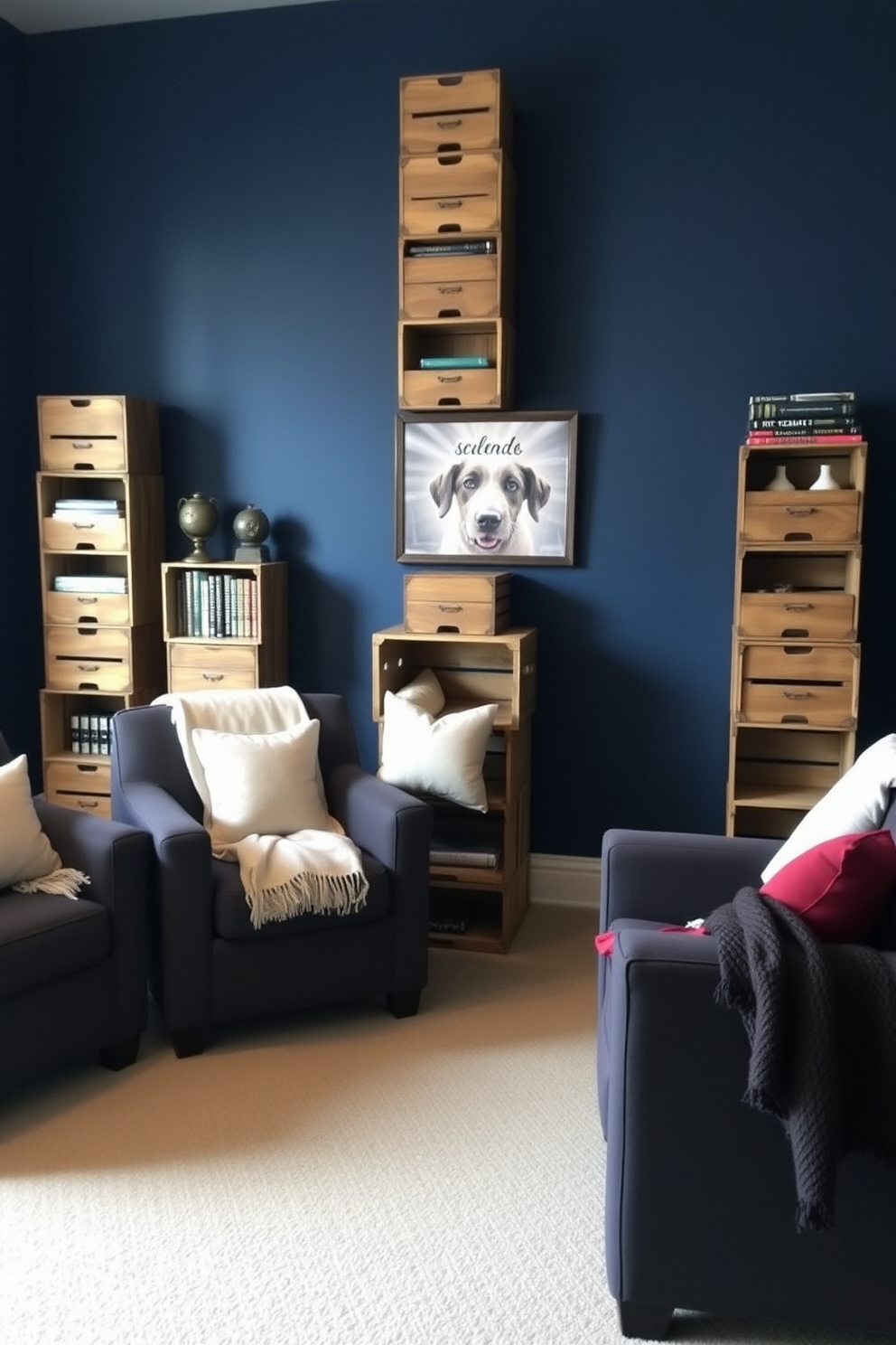 A cozy home theater setting featuring rustic wooden crates as decor elements. The crates are stacked creatively to serve as both storage and display for books and decorative items. The walls are painted in a deep navy blue, creating a warm and inviting atmosphere. Plush seating is arranged in a semi-circle, with soft throw blankets draped over the chairs for added comfort.