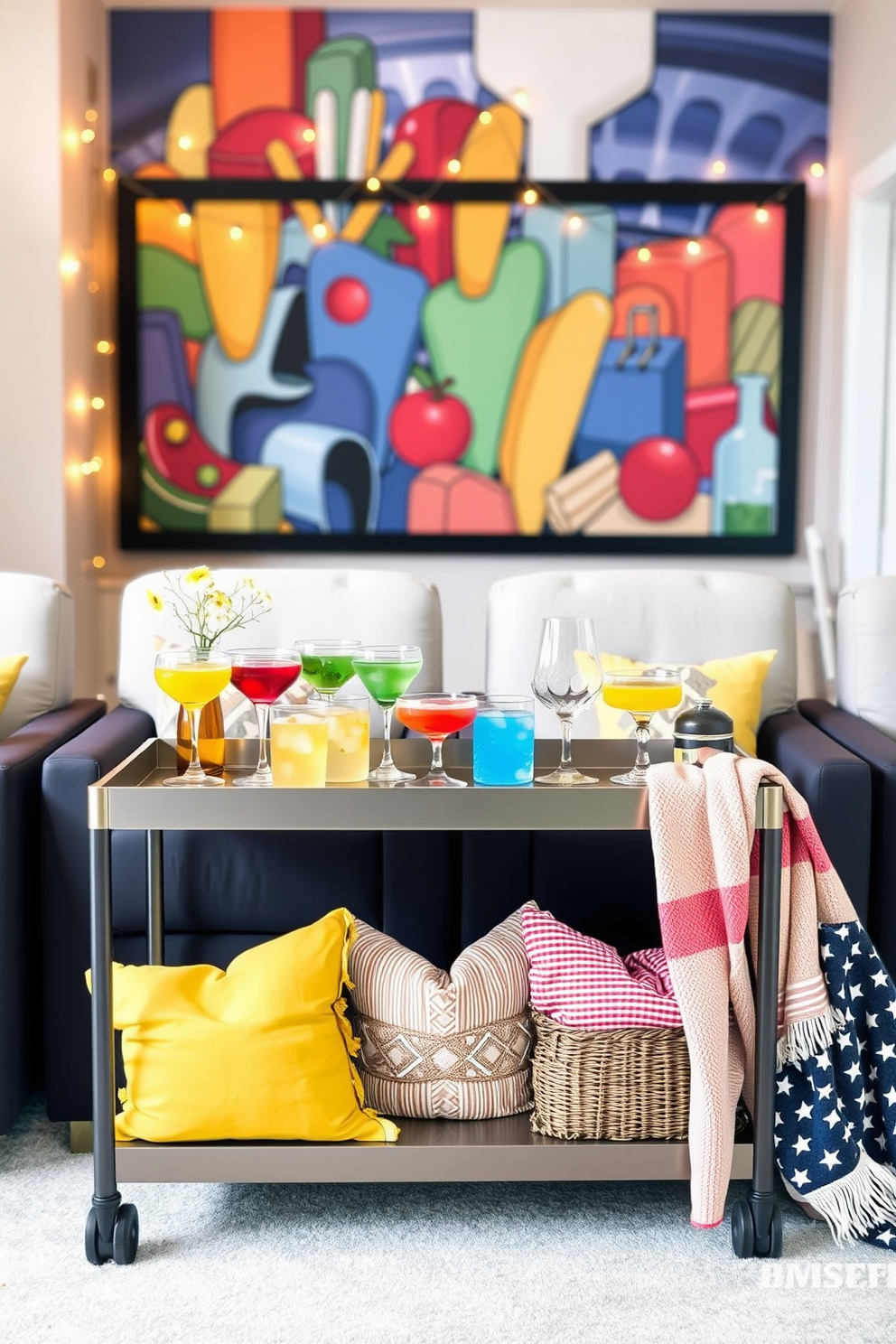 A creative drink station features a sleek bar cart with an assortment of colorful cocktails displayed in stylish glassware. The backdrop showcases a vibrant mural and string lights that create a festive atmosphere. Labor Day home theater decorating ideas include plush seating arranged for optimal viewing and cozy throw blankets draped over the chairs. Accent pillows in seasonal colors add a touch of warmth and comfort to the space.