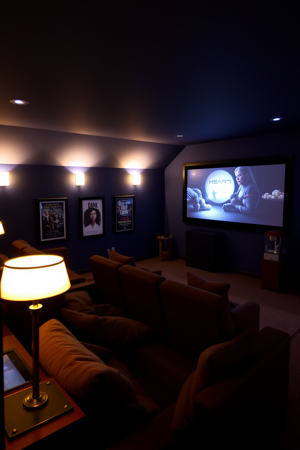 A cozy home theater setting with mood lighting created by dimmable lamps. The walls are painted in a deep navy blue, and plush seating is arranged for optimal viewing comfort. Soft, ambient light casts a warm glow across the room, highlighting framed movie posters. A large screen is mounted on the wall, and a popcorn machine adds a touch of nostalgia to the space.