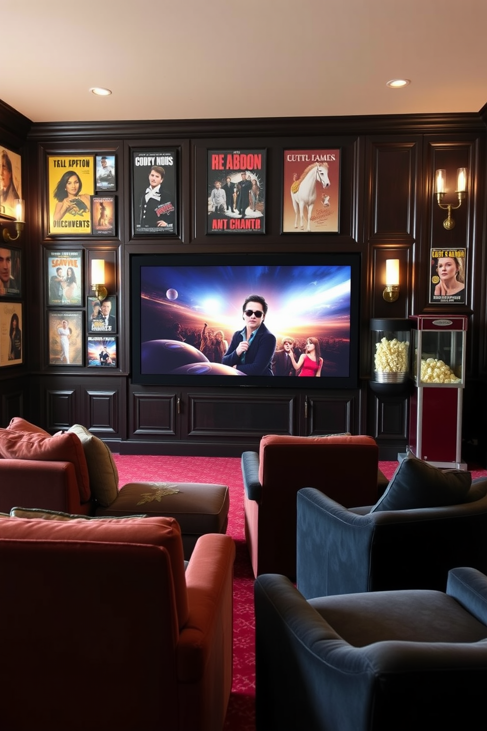 Classic movie trivia games for guests: Create an inviting space with a vintage movie poster gallery on the walls. Arrange comfortable seating with plush sofas and armchairs, complemented by soft lighting to set a cozy atmosphere for trivia night. Labor Day Home Theater Decorating Ideas: Design a home theater with a modern yet classic aesthetic featuring dark wood paneling and plush velvet seating. Incorporate a large screen surrounded by elegant sconces and a popcorn machine for a fun and festive touch.