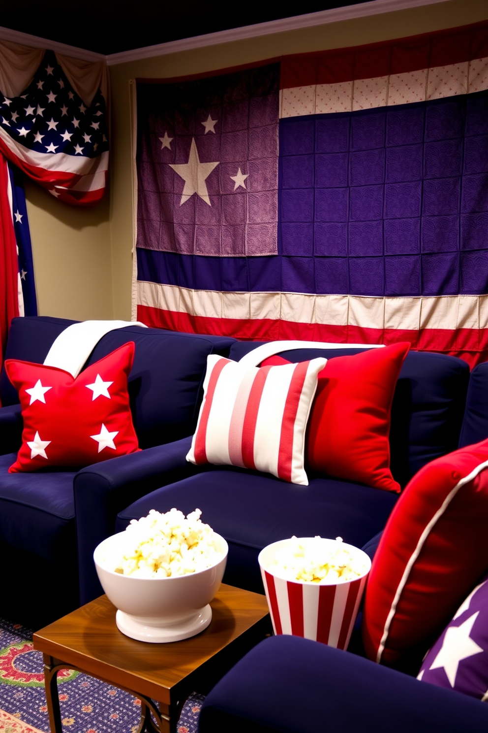 A cozy home theater adorned in patriotic red, white, and blue decor creates a festive atmosphere. Plush seating in deep navy is complemented by vibrant red throw pillows and a white popcorn bowl on the side table. The walls are draped with a large flag-inspired tapestry that adds character to the space. Soft lighting highlights the decor while maintaining a relaxed ambiance perfect for movie nights.