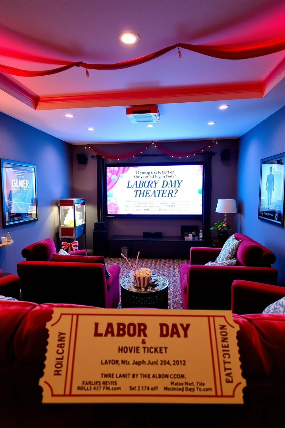 Create a cozy home theater setting designed for a personalized movie ticket invitation. The room features plush seating with rich velvet upholstery, a large screen mounted on the wall, and ambient lighting that sets the perfect mood for movie nights. Incorporate Labor Day themes by adding decorative elements such as red, white, and blue accents throughout the space. A popcorn machine sits in the corner, and framed movie posters are displayed on the walls, enhancing the festive atmosphere.