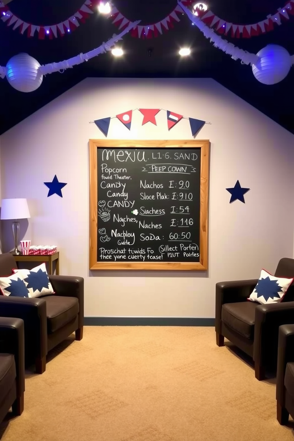 Chalkboard menu for movie snacks. The menu features handwritten items like popcorn, candy, nachos, and soda, all surrounded by a rustic wooden frame. Labor Day Home Theater Decorating Ideas. The space is adorned with cozy seating, themed decorations in red, white, and blue, and festive lighting to create a welcoming atmosphere.