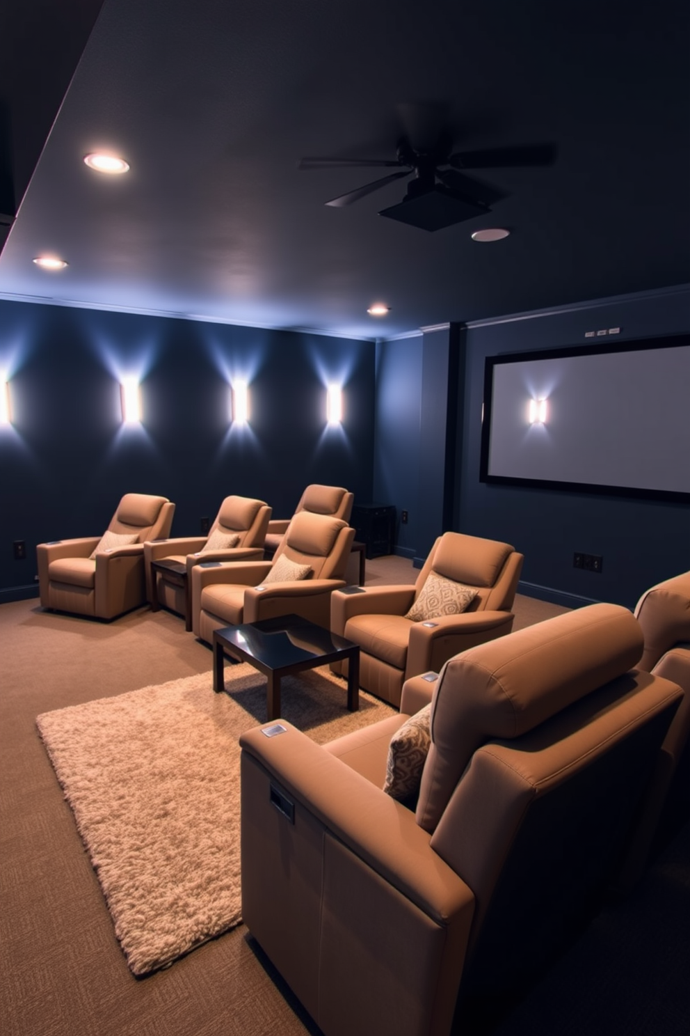 A cozy home theater featuring plush reclining chairs arranged for optimal viewing. The walls are painted in a deep navy blue, and soft ambient lighting highlights the space, creating a warm and inviting atmosphere. Decorative accents include a sleek coffee table in front of the chairs and a large screen mounted on the wall. The flooring is covered with a soft area rug that adds comfort and style to the room.