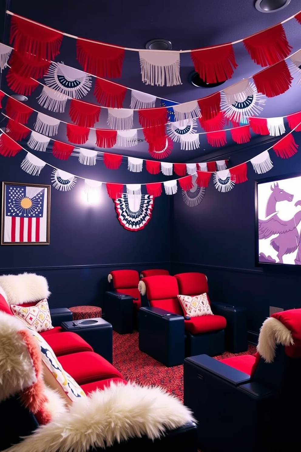 A vibrant home theater decorated for Labor Day with festive bunting hanging from the ceiling. The walls are painted a deep navy blue, and plush red and white seating creates a cozy atmosphere for movie watching.