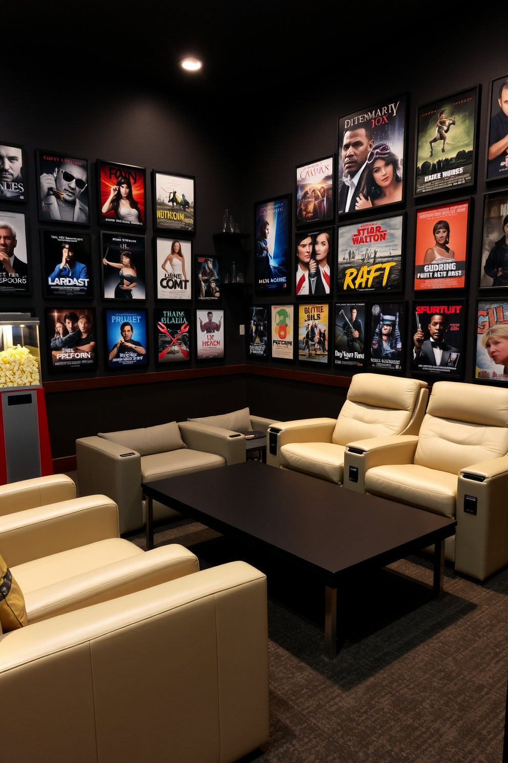 A cozy home theater setting featuring artistic wall art inspired by classic films. The walls are adorned with framed posters of iconic movies, creating a vibrant and nostalgic atmosphere. The seating area includes plush recliners arranged for optimal viewing, with a sleek coffee table in front. Soft ambient lighting enhances the cinematic experience, while a popcorn machine adds a playful touch to the decor.