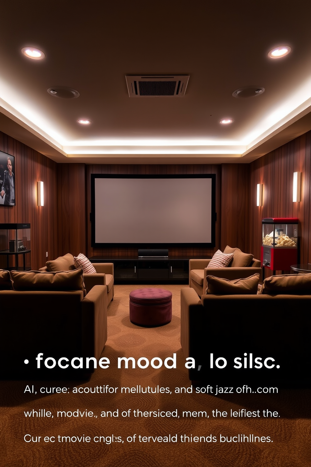 A cozy home theater setting with plush seating arranged in a semi-circle facing a large screen. Soft lighting fixtures are strategically placed to create a warm atmosphere, while a popcorn machine sits in the corner for snacks. A curated mood music playlist featuring soothing acoustic melodies and soft jazz tunes. The playlist sets the perfect ambiance for relaxation and enjoyment during movie nights with friends and family.