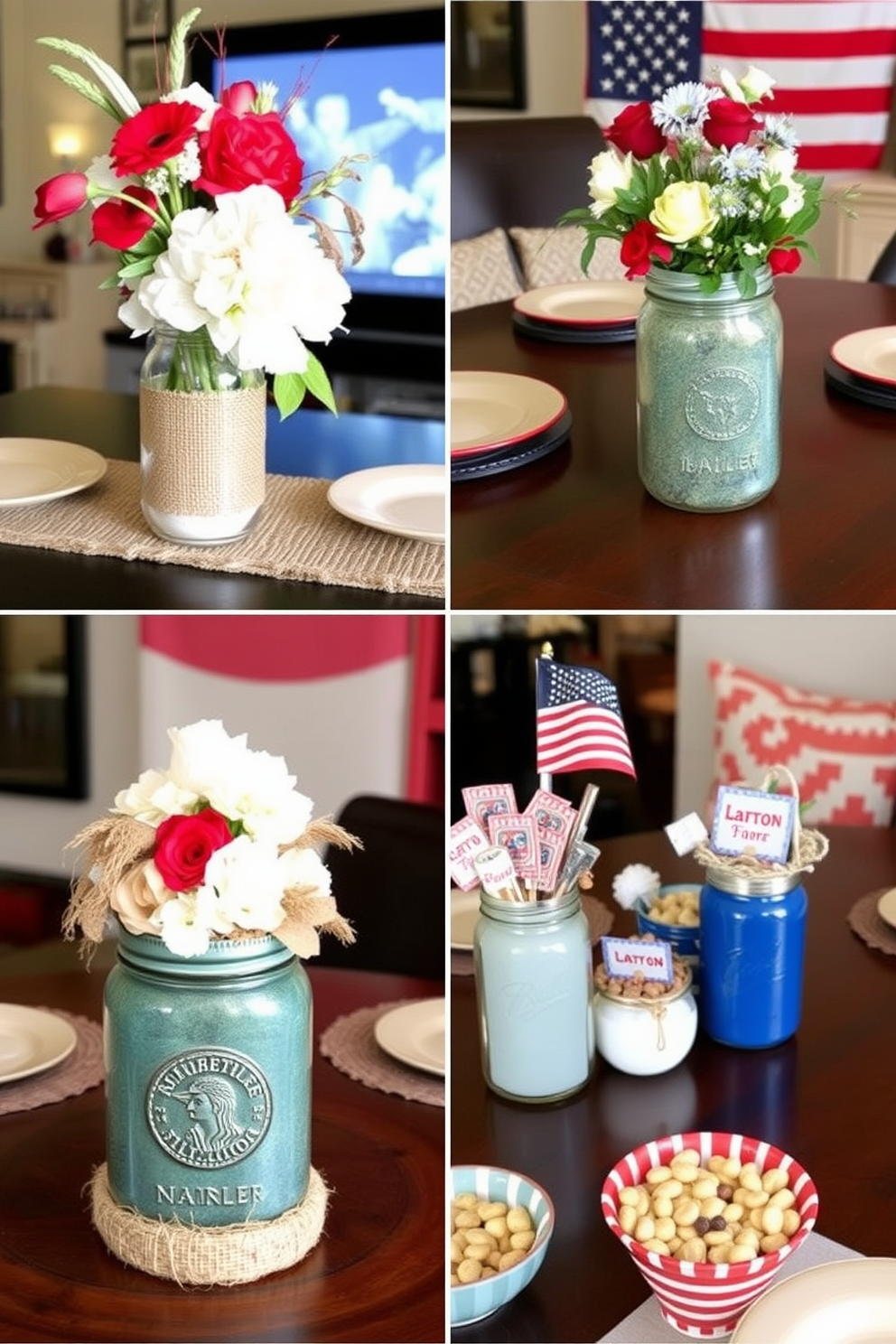 A collection of DIY themed centerpieces for tables. Each centerpiece features a unique combination of natural elements like burlap, mason jars, and seasonal flowers to create a warm and inviting atmosphere. Creative Labor Day home theater decorating ideas. The space is adorned with red, white, and blue accents, comfortable seating arrangements, and themed snacks displayed in decorative bowls to enhance the festive spirit.