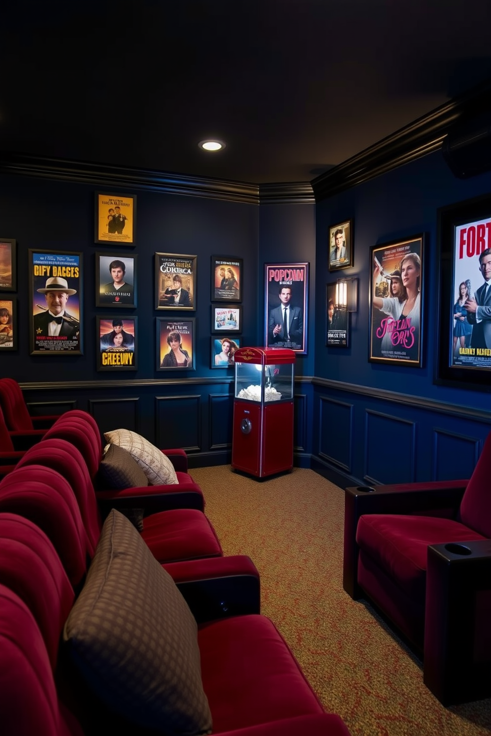 A cozy home theater with vintage film posters adorning the walls creates a nostalgic atmosphere. Plush seating in deep burgundy complements the dark wood accents and soft lighting, inviting movie nights with family and friends. The walls are painted a rich navy blue to enhance the cinematic experience. A popcorn machine sits in one corner, adding a playful touch to the overall decor while ensuring a fun movie snack option.