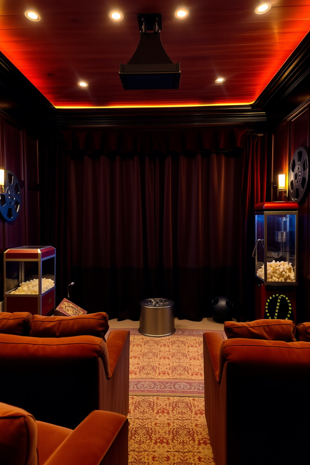 A cozy home theater setting featuring vintage film reels as decor accents. The walls are adorned with dark wood paneling and soft ambient lighting creates a warm atmosphere. Plush seating is arranged for optimal viewing, complemented by rich velvet curtains that frame the screen. A vintage popcorn machine sits in the corner, adding a nostalgic touch to the space.