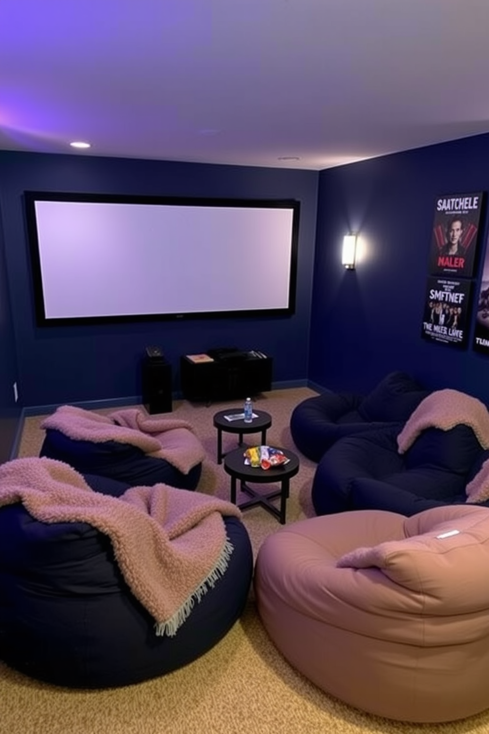 A cozy home theater space featuring comfortable bean bags arranged in a semi-circle facing a large screen. The walls are painted in a deep navy blue, with soft ambient lighting creating a relaxing atmosphere. In the corner, a small side table holds snacks and drinks, while plush throw blankets are draped over the bean bags for added comfort. Movie posters adorn the walls, adding a personal touch to the inviting setting.